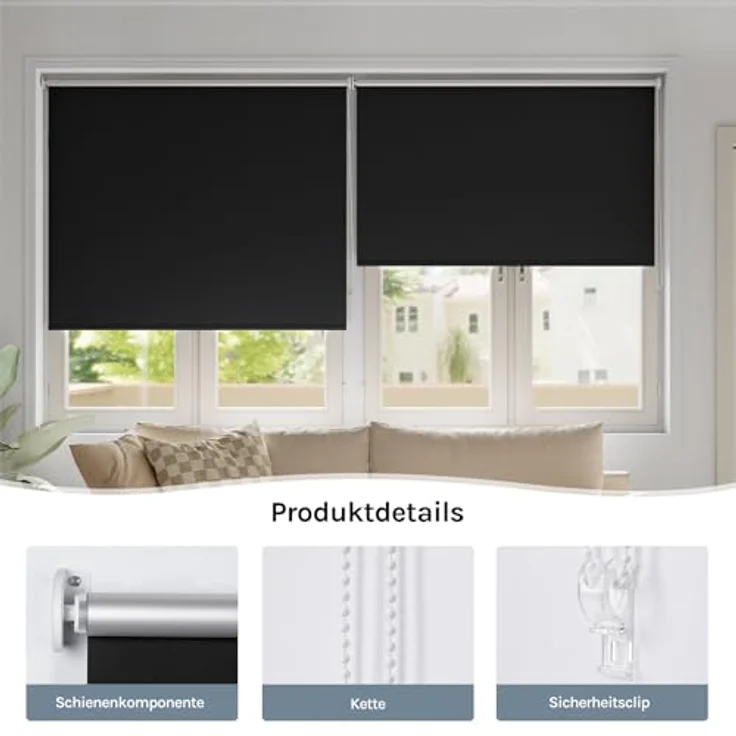 WOLTU Verdunkelungsrollo, nur zur Schraubmontag Thermo Verdunkelungsrollo mit Kette, Sichtschutz für Türen und Fenster, 140x160 cm [Stoffbreite: 136 cm], Schwarz – Bild 6