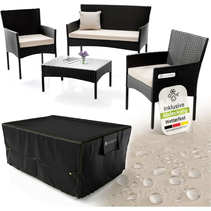 Juskys Polyrattan Gartenmöbel-Set Fort Myers schwarz inkl. Abdeckung – Sitzgruppe mit Tisch, Sofa & 2 Stühlen - Balkonmöbel für 4 Personen mit creme-weißen Auflagen
