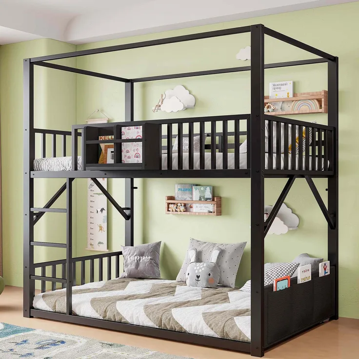 Metall-Etagenbett 90 x 200 cm für Kinder und Jugendliche, platzsparendes Einzelbettgestell mit Dachkonstruktion, Modernes Kinderetagenbett Schwarz