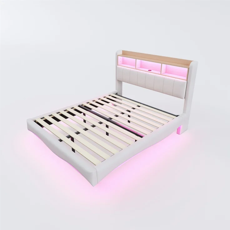 Beiges Schwebebett 160x200 cm Mit LED Beleuchtung Und USB Type C Anschlüssen Doppelbett Mit Stauraum Modernes Design 250 Kg Tragkraft – Bild 8