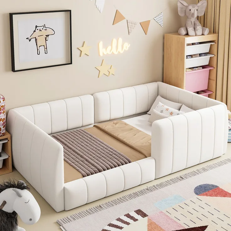 Merax Kinderbett 90 x 200cm Jugendbett, mit Sicherheitsgeländer, samt Beige