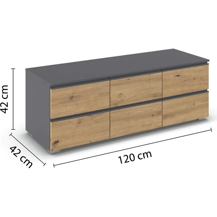 rauch Joel-Extra, TV-Element, Lowboard, 6 Schubladen, Farbe Grau metallic/Eiche Artisan, BxHxT 120x42x42cm – Bild 4