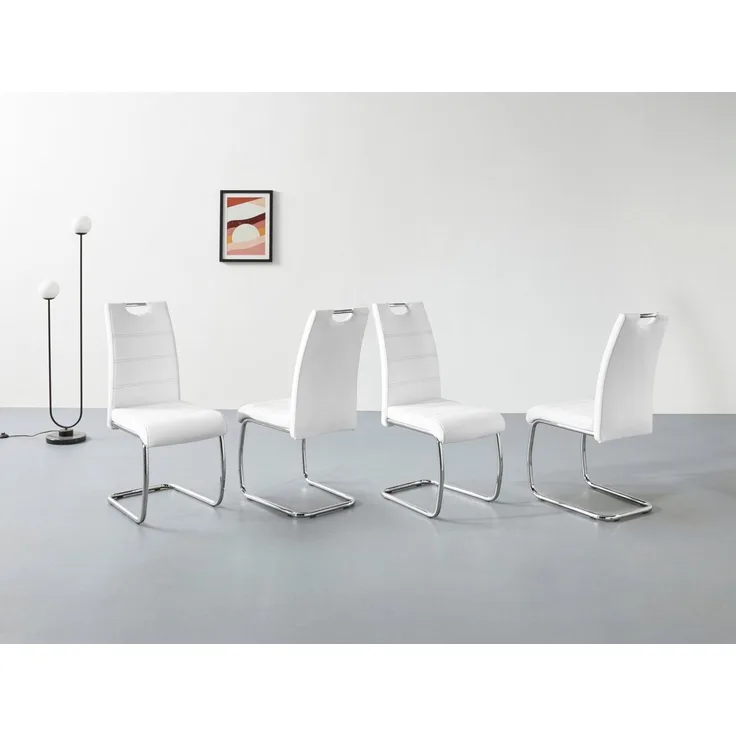 4er Set Schwingstuhl Flora - Kunstleder Weiß - verchromtes Metallgestell