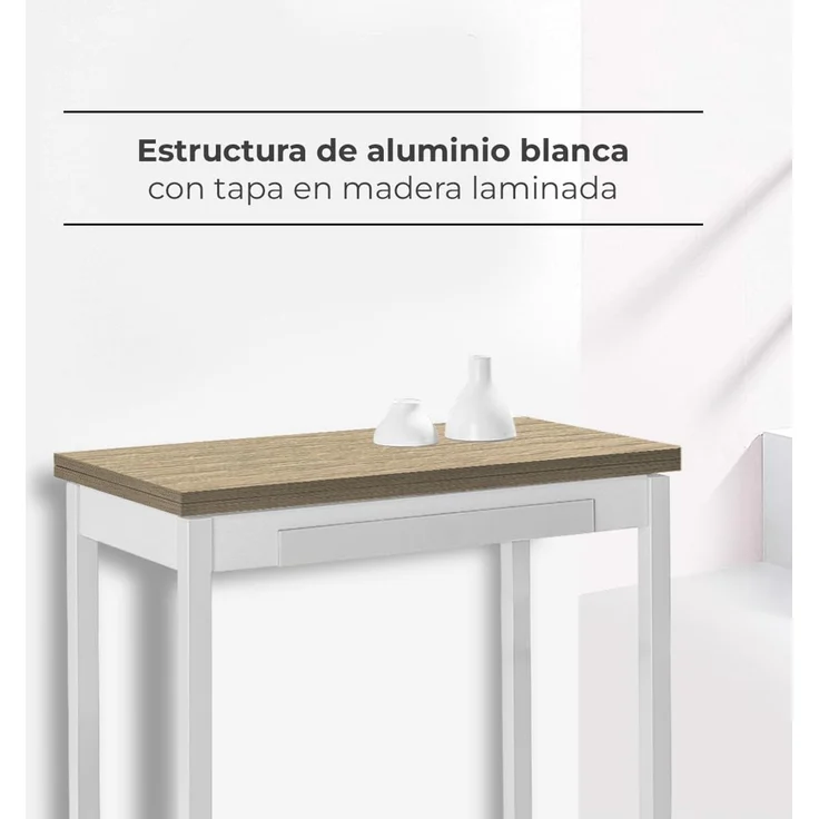 ASTIMESA Küchentisch, Buchtisch, Tisch mit laminierter Platte in Heller Eiche, weiße Struktur, ideal für kleine Räume, Maße geschlossen: 90 cm x 50 cm, Maße geöffnet: 90 cm x 100 cm. – Bild 3