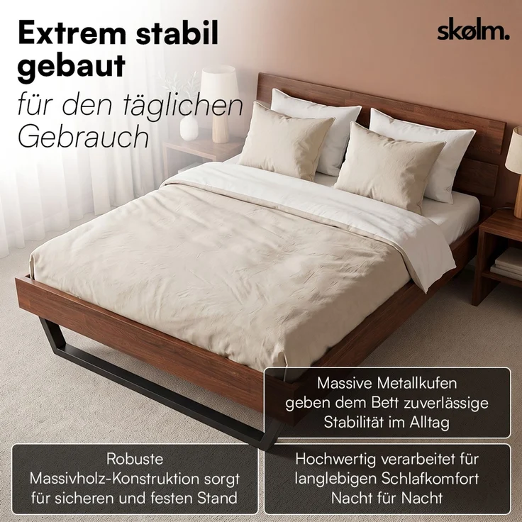 skølm 'Alver' Bett 140x200 cm, Bettgestell, natur geölt, Massivholzbett aus Eiche mit Metallkufen, Walnuss Optik, Bettkopf 2 Streben – Bild 4