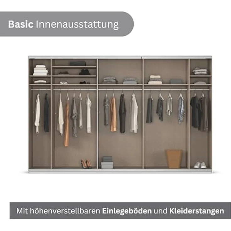 Rauch Möbel Kulmbach, Kleiderschrank mit Schwebetüren für Schlafzimmer, Kinderzimmer, Jugendzimmer, Garderobe, Flur, 3-türig, mit Spiegel, Zubehör Basic, Farbe Beige, Breite 360 cm – Bild 7
