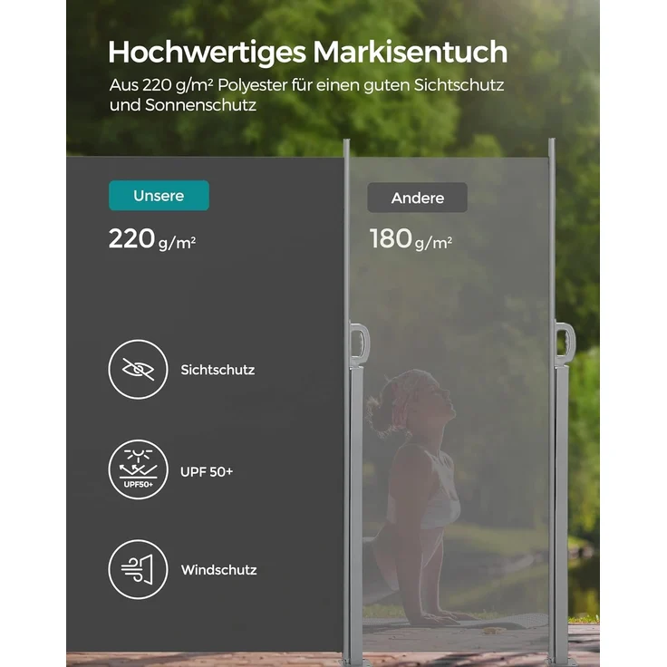 Songmics Seitenmarkise mit Stahl-Kasten, rostbeständig, ausziehbar, 200x400 cm, Sichtschutz, Sonnenschutz, Blickdicht, Seitenrollo, für Balkon, Terrasse, Garten, anthrazit GSA204G02 – Bild 4