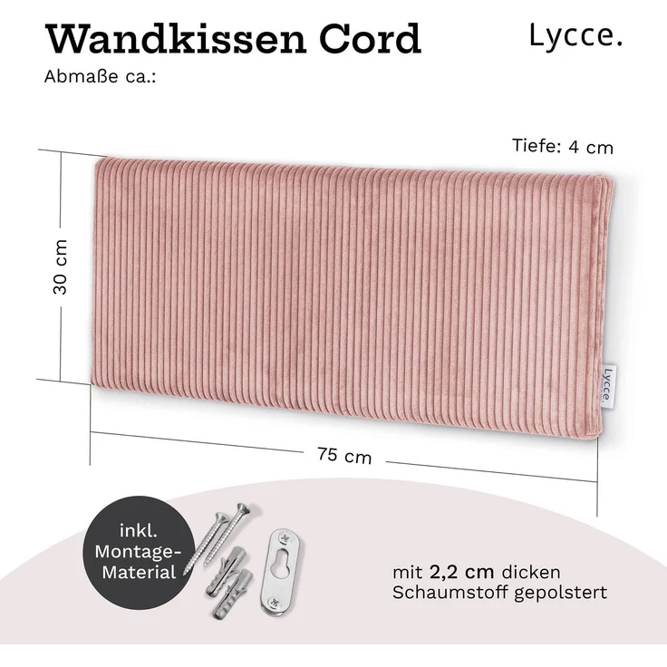Lycce Wandkissen - Cord, Wandpolster, Rückenkissen Sitzbank, Kopfteil Betten, Polsterung Puderrosa 30x75x4cm – Bild 4
