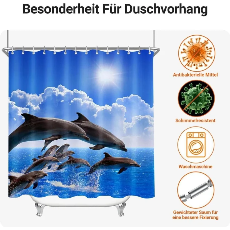 Duschvorhang Delphin 240x200cm Antischimmel Wasserabweisend Polyester – Bild 7