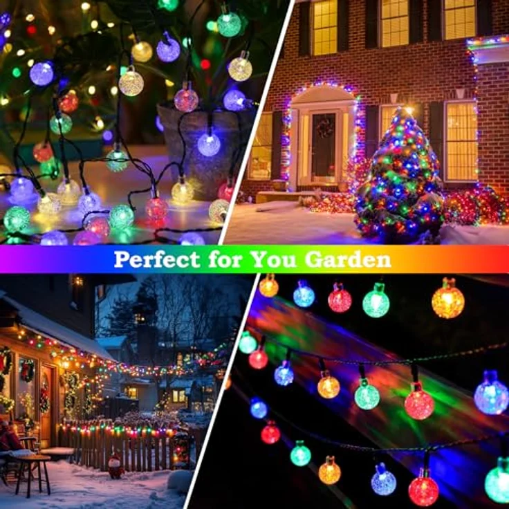 Lichterkette Außen Solar Wetterfest, 100 LED 18M 59Ft 8 Modi IP65 Solarlichterkette Bunt Kristall Kugeln Außen/Innen Lichter Beleuchtung für Balkon Terassen Garten Bäume Weihnachten Partys Fenster – Bild 8