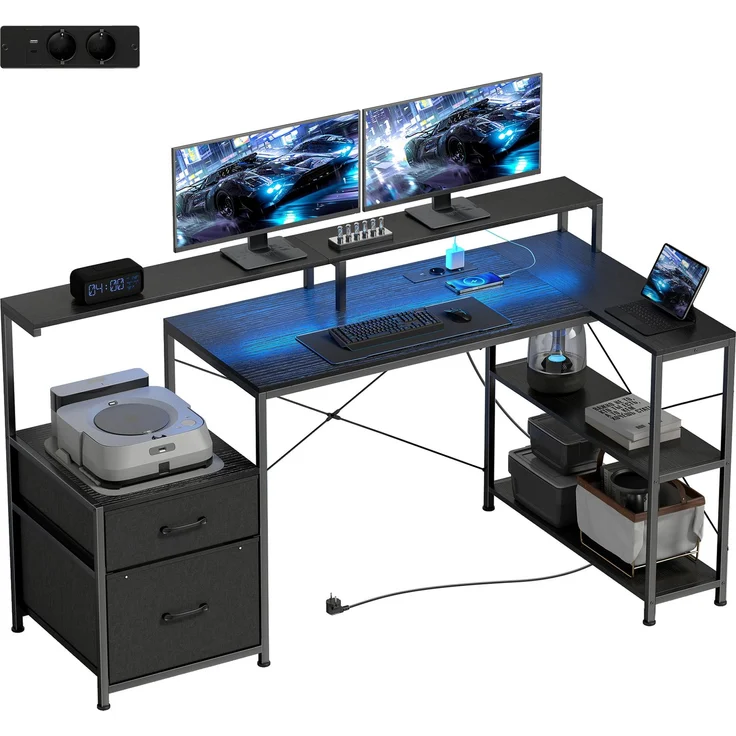 MELAYR, Gaming Tisch L-förmiger Schreibtisch mit LED & Steckdosen, mit Doppelmonitorständer, 165x80x91.5 cm, Schwarz – Bild 1