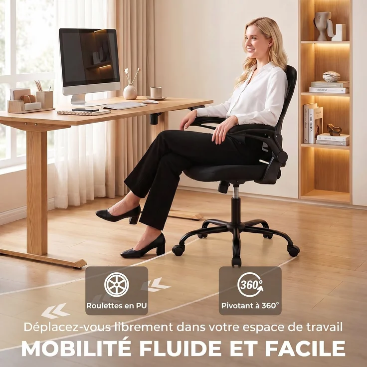 Ergonomischer Bürostuhl, Bürostuhl aus Netzgewebe, hochklappbare Armlehnen, höhenverstellbar, Wippfunktion, schwarz – Bild 9