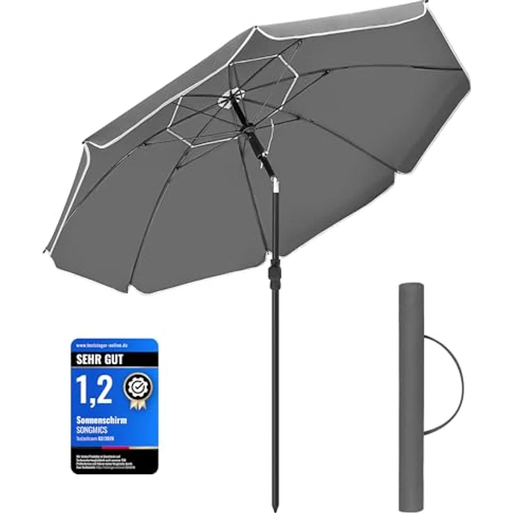 SONGMICS Sonnenschirm 160 cm, Sonnenschutz, UPF 50+, Strandschirm, beidseitig um 30° knickbar, höhenverstellbar, mit Tragetasche, für Balkon, Garten, Terrasse, Strand, ohne Ständer, grau GPU060G01 – Bild 2