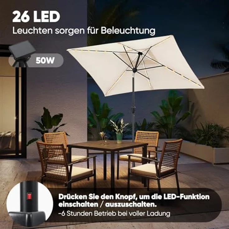 Sekey Sonnenschirm mit LED-Beleuchtung, Kurbel & UV50+, knickbar, Aluminium creme, 200 × 300 cm – Bild 5
