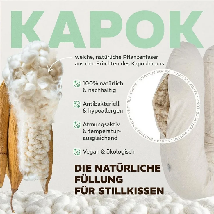 SEI Design Stillkissen Kapok-Füllung XXL 190x35 cm, Musselinbezug Bio-Baumwolle, ergonomisch, Schwangerschaftskissen mit Bezug, Seitenschläferkissen mit Kapok-Füllung, 100% Naturkissen, Musselin-Bezug aus Bio-Baumwolle – Bild 3