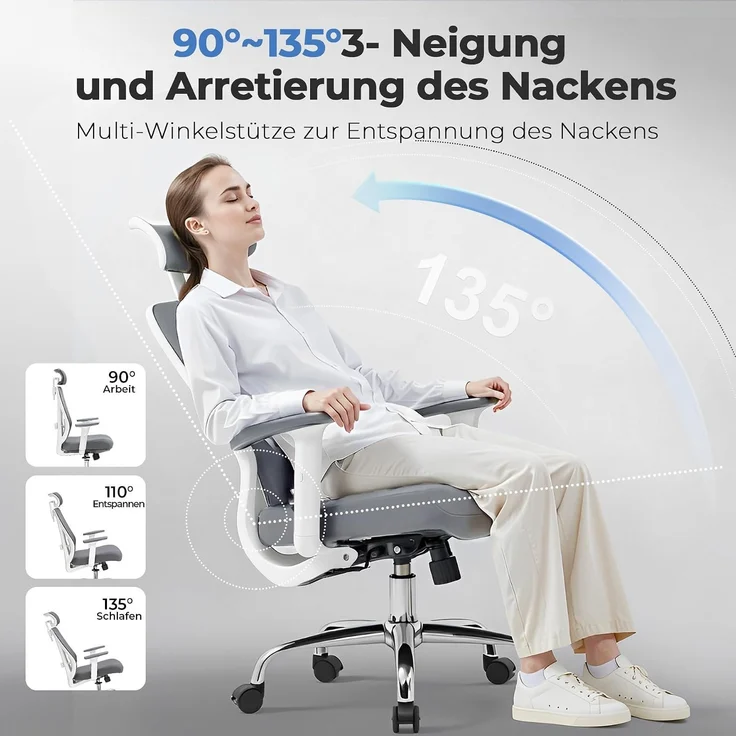COMHOMA Bürostuhl Ergonomisch [TESTSIEGER], Schreibtischstuhl mit 3D-Kopfstütze & 3D-Lendenwirbelstütze, verstellbare Armlehnen, Office Chair mit Wipp- und Kippfunktion,Belastung bis 150KG, Grau – Bild 5