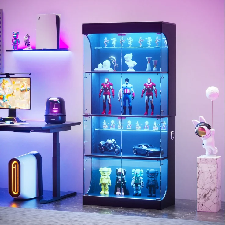 DESVIAE Vitrine mit LED-Beleuchtung und Ladestation 80x165x35 cm Glas Spanplatte Schwarz – Bild 2