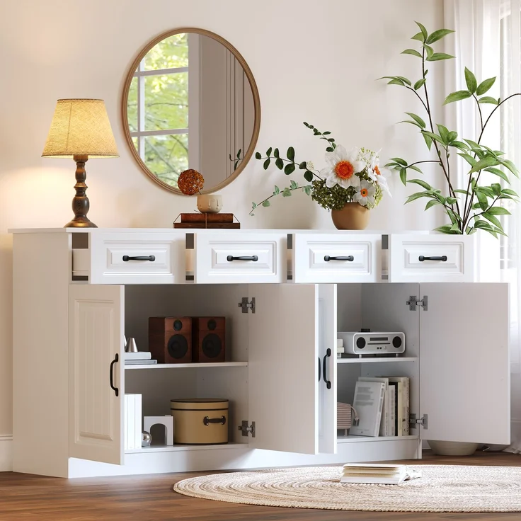Merax 160cm Weißes Sideboard, Kommode aus MDF mit 4 Schubladen und 4 Türen, 2 Ablageflächen, geriffeltem Design und 8 Metallgriffen – Bild 7