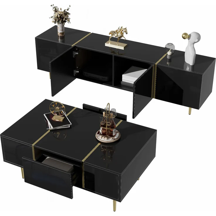 Moderner Hochglanz-Schwarz TV-Schrank und Couchtisch Set--Schwarz--96.52x43.18x21.84cm--YOUDENOVA – Bild 6