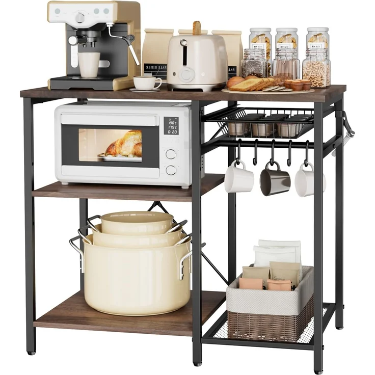 VEVOR Küchenregal Bäckerregal (90 x 40 x 90 cm) mit X-förmiger Stützstange & 5 S-förmigen Haken & Mehrstufigem Ablagefach, Mikrowellenregal für Geschirr Schüsseln Gewürzflaschen Metallregal