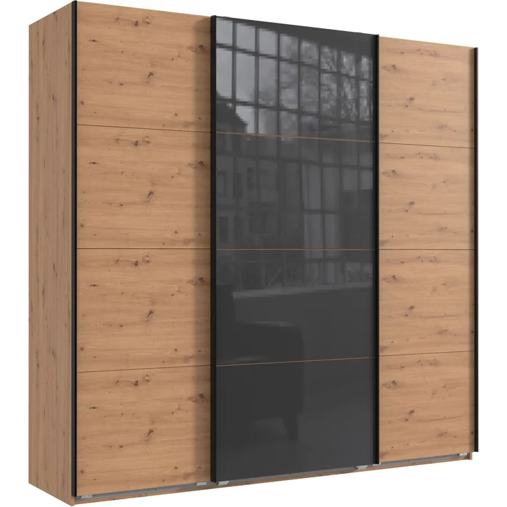 Schwebetürenschrank Kleiderschrank B225 cm extra H236 cm 3-trg. Eiche Artisan Dekor, 1x Tür Glas Grau – Bild 1
