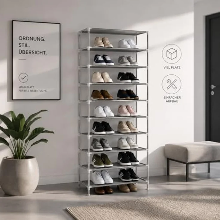 YaLiva_Decor® Schuhregal Höhenverstellbar, Aufbewahrungssystem für bis 35 Paar Schuhe, Metall grau, 55 x 27 x 155 cm – Bild 2