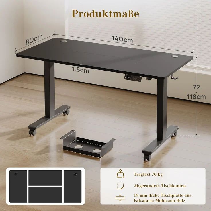 Devoko Höhenverstellbarer Schreibtisch Holzwerkstoff und Metall Schwarz 140 x 80 x 72-118 cm – Bild 8