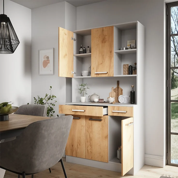 Küchenbuffet Raul Weiß/Goldkraft Eiche 100.1 x 188.5 cm mit 5 Türen & 2 Schubladen Vicco – Bild 5