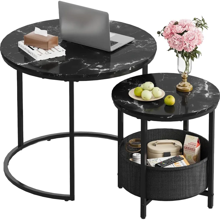WLIVE Couchtisch 2er Set, Beistelltisch Rund mit Stauraum, Wohnzimmertisch Holz mit Metallrahmen, Sofatisch für Wohnzimmer Schlafzimmer, (Marmor Schwarz, 60 cm und 40 cm Durchmesser)
