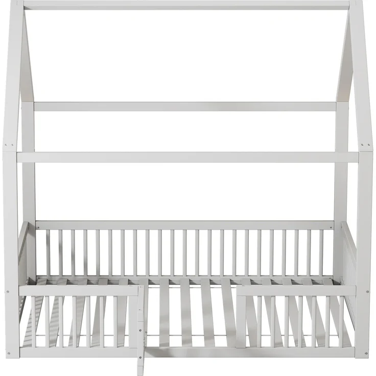 Merax 140*200cm Massivholzbett, Doppelbett, Flachbett, Hausbett, Hausbett mit Türchen, weiß – Bild 6