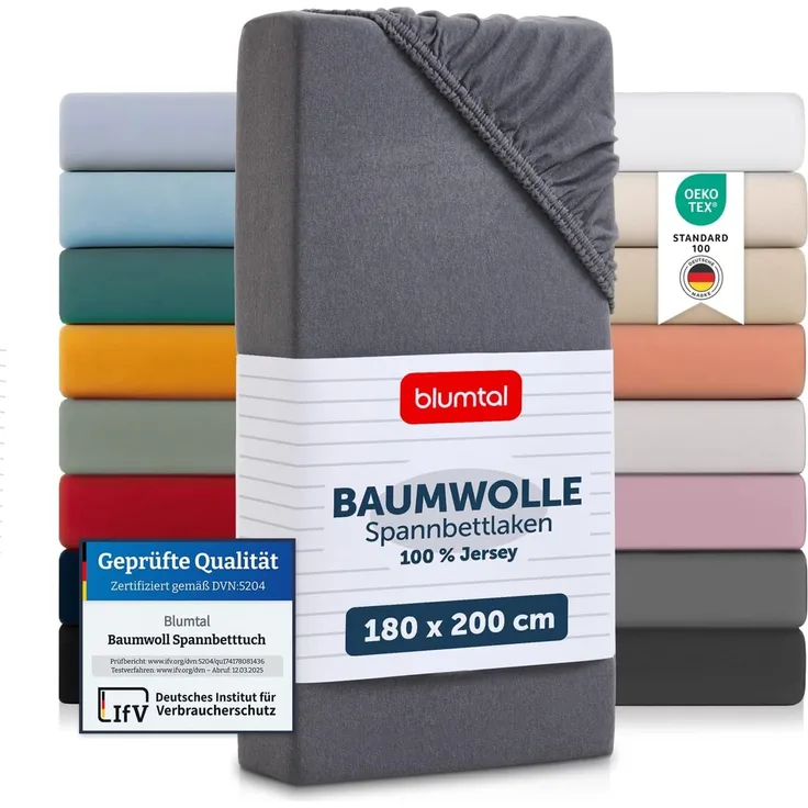 Blumtal® Basics Jersey (2er-Set) Spannbettlaken 180x200 cm -Oeko-TEX Zertifiziert, 100% Baumwolle Bettlaken, bis 20cm Matratzenhöhe, Grau