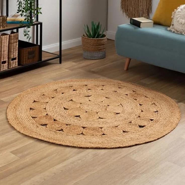 Steffensmeier Juteteppich Goa Design, Rund, 120x120 cm, aus Naturmaterialien, für Fußbodenheizung geeignet, Floral – Bild 1