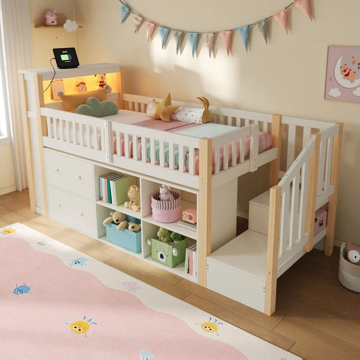 Hochbett, 90 x 200 cm, mit Schubladen, Staufächern, trapezförmigem Schrank, LED-Beleuchtung, Matratze nicht enthalten,Natur – Bild 4