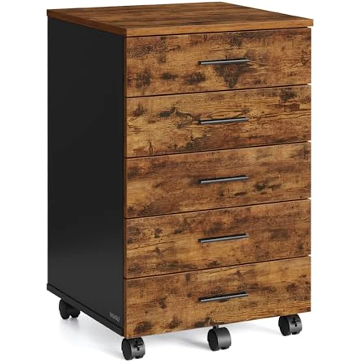 VASAGLE Rollcontainer, mobiler Aktenschrank, Schubladenschrank, Druckerständer mit 5 Schubladen, mit schraubenlosen Gleitschienen, für Büro, Homeoffice, vintagebraun OFC081KD02 – Bild 1