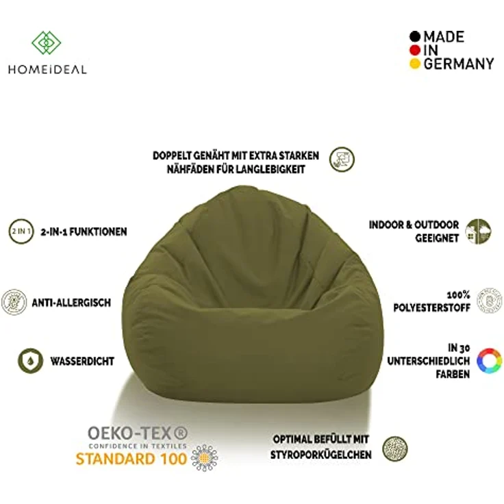 HomeIdeal - Sitzsack XXL Bodenkissen für Erwachsene & Kinder - Geeignet für Gaming oder Entspannen - Indoor wie Outdoor da er Wasserfest ist - mit EPS Perlen, Farbe:Khaki, Größe:XXL – Bild 3