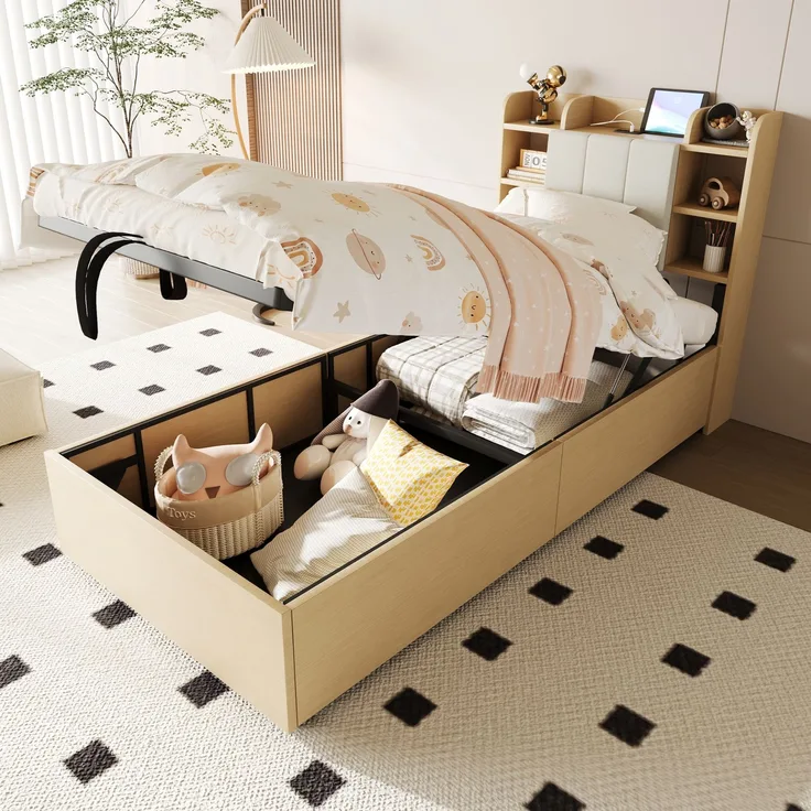 Holzbett 90 x 200 cm, Hydraulisches Bett, Kopfteil mit Stauraum, Ausgestattet mit USB- und Tape-C-Steckdose, Einzelbett, Jugendbett, Holzfarbe (ohne Matratze)
