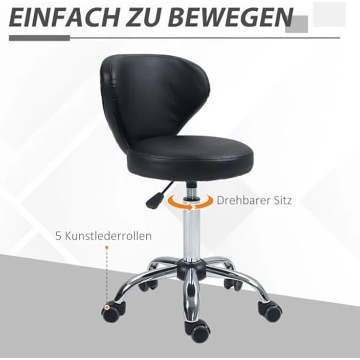 HOMCOM Rollsitz Rollhocker höhenverstellbar Salon Hocker mit Lehne (Arbeitshocker, 1 St, Drehhocker), für Büro, Wohnzimmer, Kunstleder, 45 x 54 x 73-88 cm, Schwarz – Bild 6