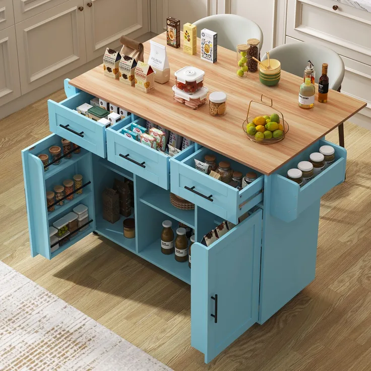 Küchenwagen B 139 x T 46(71) x H 91,5 cm, blau, MDF mit klappbarer Arbeitsplatte