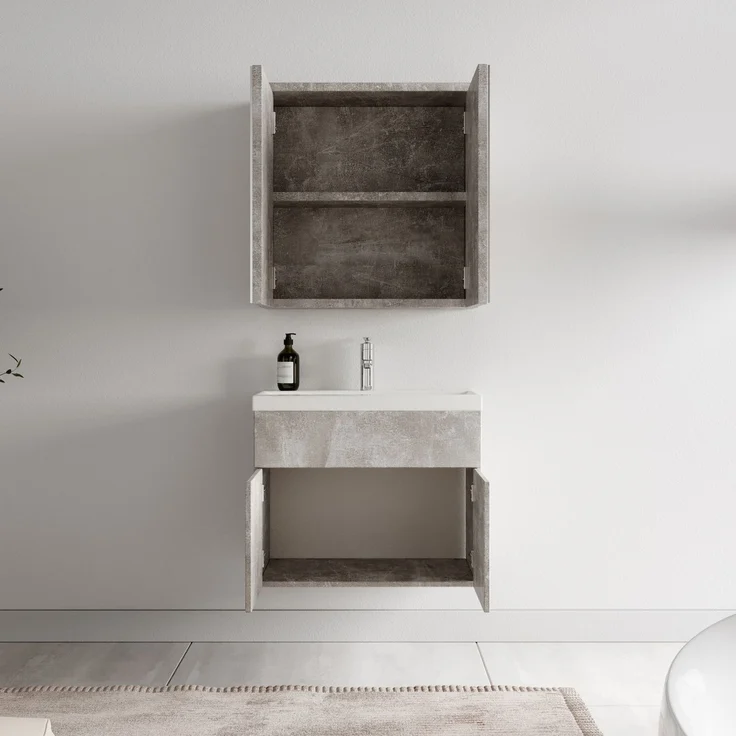 Badplaats Badmöbel Komplettset Montreal 60x35 cm Beton Grau - Badezimmermöbel mit Waschbecken und Spiegelschrank – Bild 3