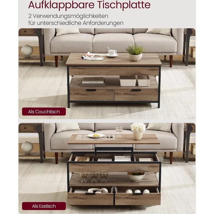 Vasagle Couchtisch, höhenverstellbarer Wohnzimmertisch, Kaffeetisch, mit Schubladen, offenes Fach,50x100 x (48-63)cm， kamelbraun-schwarz – Bild 4