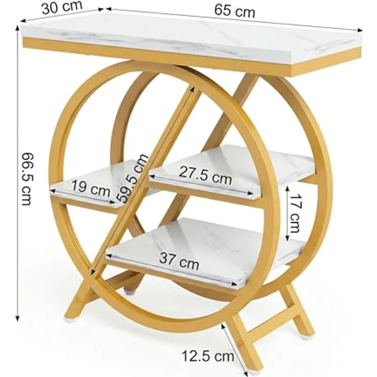 LITTLE TREE Beistelltisch, 4-stöckiger schmaler Beistelltisch aus Kunstmarmor mit großem Stauraum, moderner Nachttisch und Nachttisch für Wohnzimmer, Homeoffice, Schlafzimmer, Weiß und Gold – Bild 4
