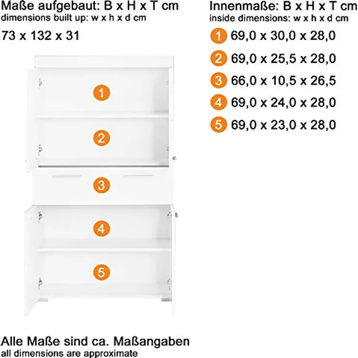 Trendteam 'Amanda' Midischrank, Holz, 132 x 31 x 73 cm, Weiß / Weiß Hochglanz – Bild 9
