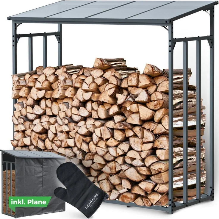 holz4home® Kaminholzregal Holzlager I Brennholzregal I Überdachung als Stapelhilfe für Brennholz, inkl. Plane und Holzhandschuh
