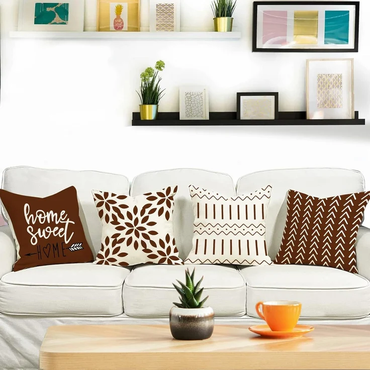 Kissenbezüge 45 × 45 cm 4er-Set Kaffee Braun, Outdoor Leinen Dekokissen, Couch Bett Auto – Bild 2