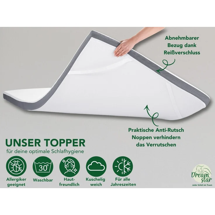 Dreamstar, Topper 7-Zonen Matratzentopper mit Gel-Memory- & Komfortschicht, H2/H3, 8 cm hoch, Komfortschaum, rutschfest, Bezug waschbar - für Matratzen und Boxspringbetten – Bild 3