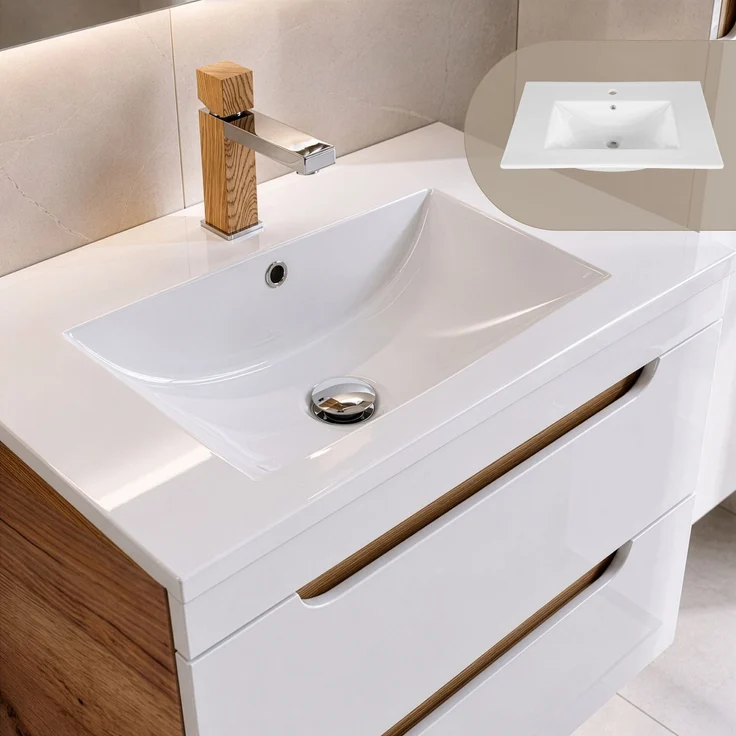Badmöbel Set in Hochglanz weiß mit Wotan Eiche Nb. LUTON-56 mit LED-Spiegelschrank, B/H/T ca. 130/200/46 cm – Bild 7