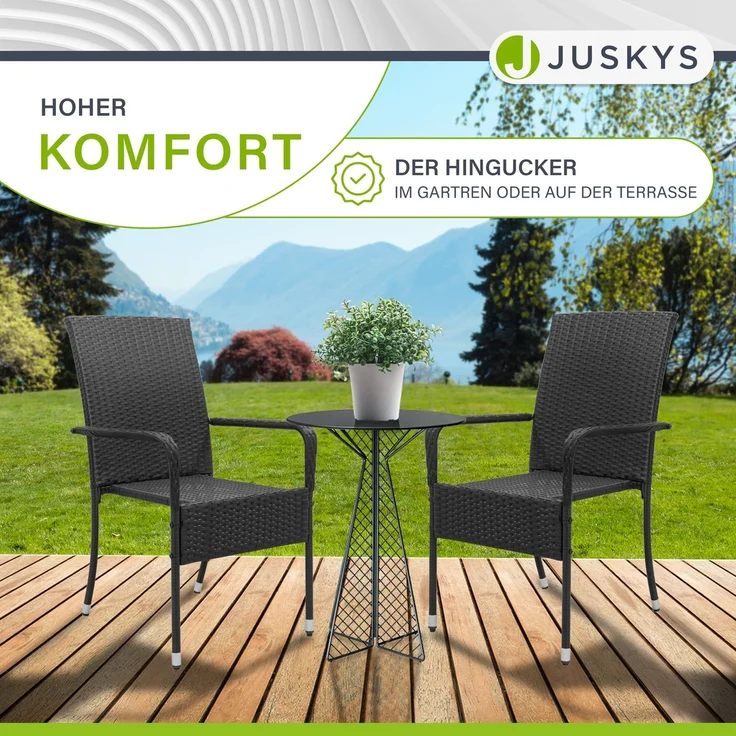 Juskys Polyrattan Gartenstühle Yoro 2er Set - mit Armlehnen & Rückenlehne - 2 Stühle stapelbar - Rattan Stuhl Garten - Stapelstuhl Schwarz – Bild 5