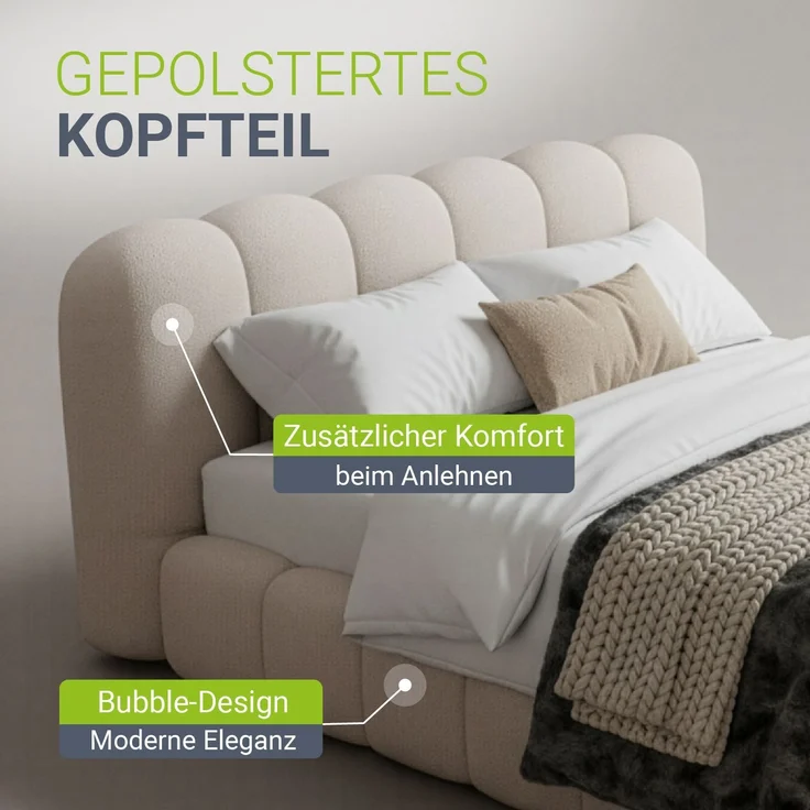 Juskys Polsterbett Catania - Bubble Design, gepolstertes Kopfteil, stabile Kontruktion - 140 x 200 cm - Beige – Bild 5