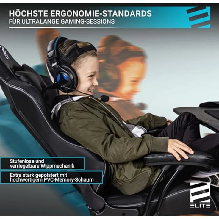ELITE Pulse - Gaming Stuhl für Kinder - Kunstleder - Ergonomisch - Racer - Drehstuhl - Chair - Bürostuhl - Schreibtischstuhl - Gamer-Design (Schwarz/Blau) – Bild 8