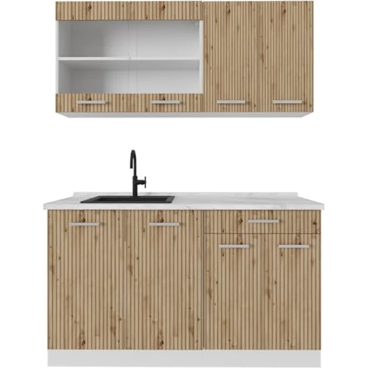 Vicco Singleküche R-Line, Küchenblock in Eiche Artisan und Weiß, rechteckig, 140x81.6x60 cm, Holzwerkstoff – Bild 1